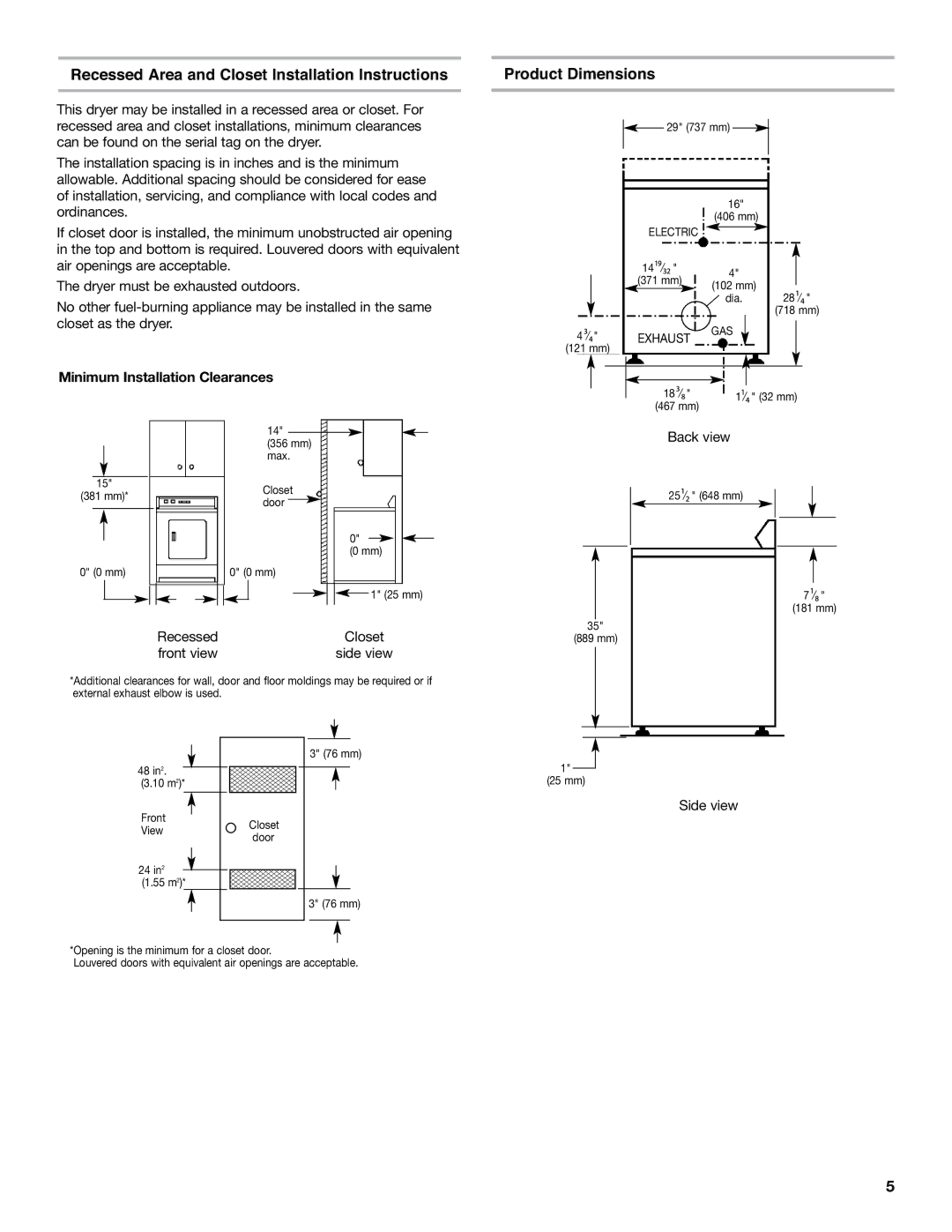 Whirlpool 8577213C installation instructions Minimum Installation Clearances, Front view 