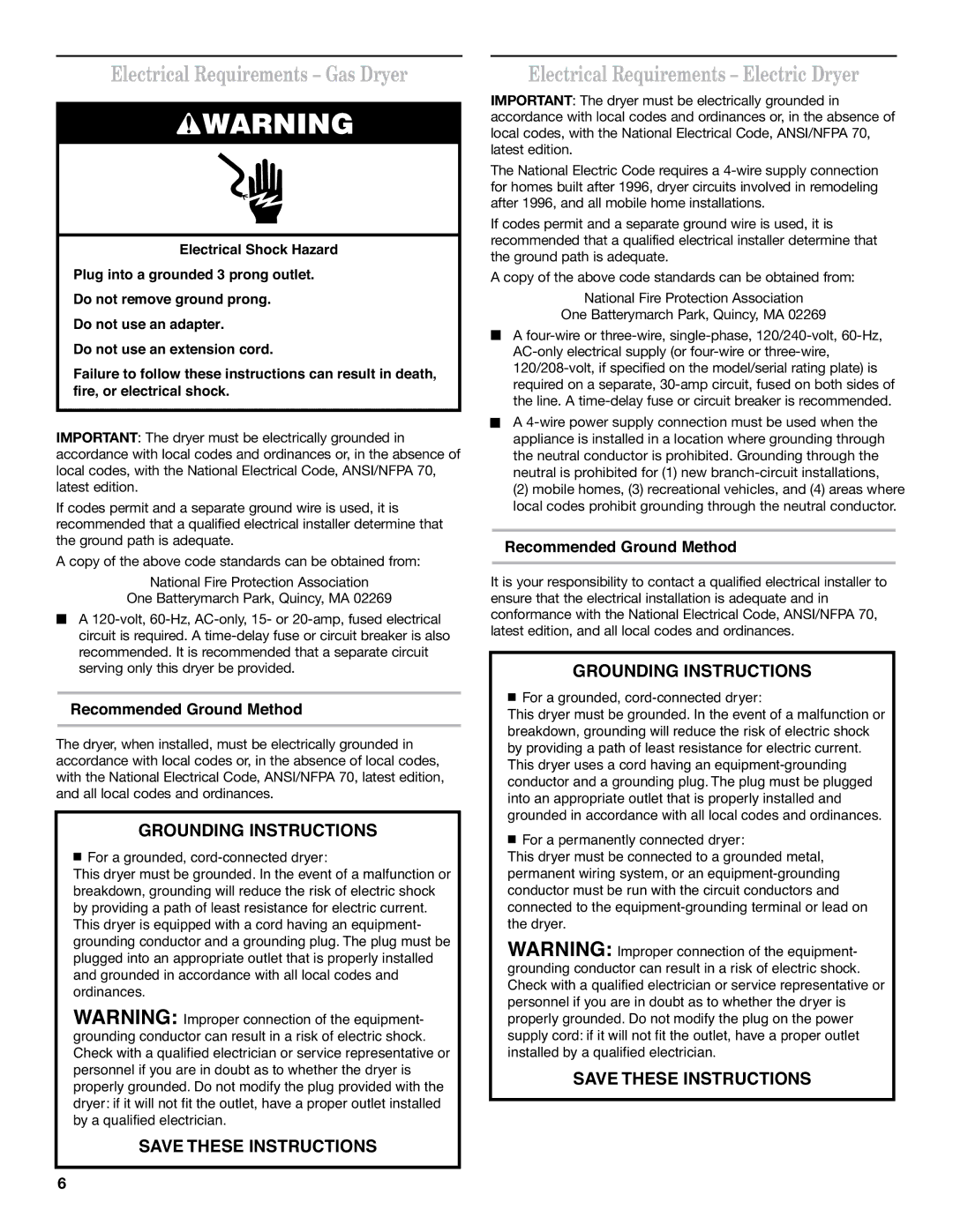 Whirlpool 8577213C Electrical Requirements Gas Dryer, Electrical Requirements Electric Dryer, Recommended Ground Method 