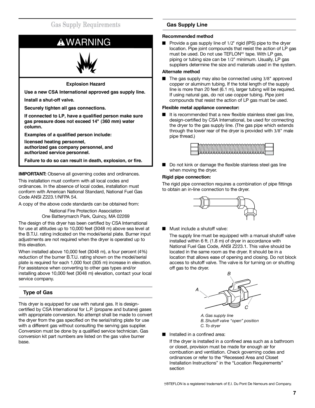 Whirlpool 8577213C installation instructions Gas Supply Requirements, Type of Gas, Gas Supply Line 