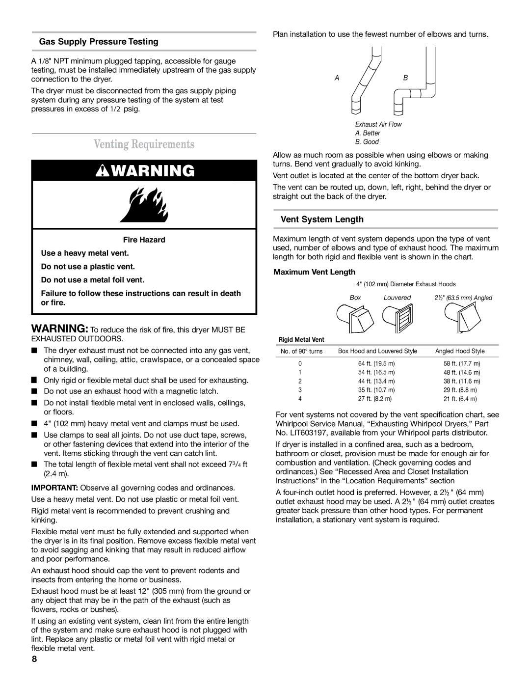 Whirlpool 8577213C Venting Requirements, Gas Supply Pressure Testing, Vent System Length, Maximum Vent Length 