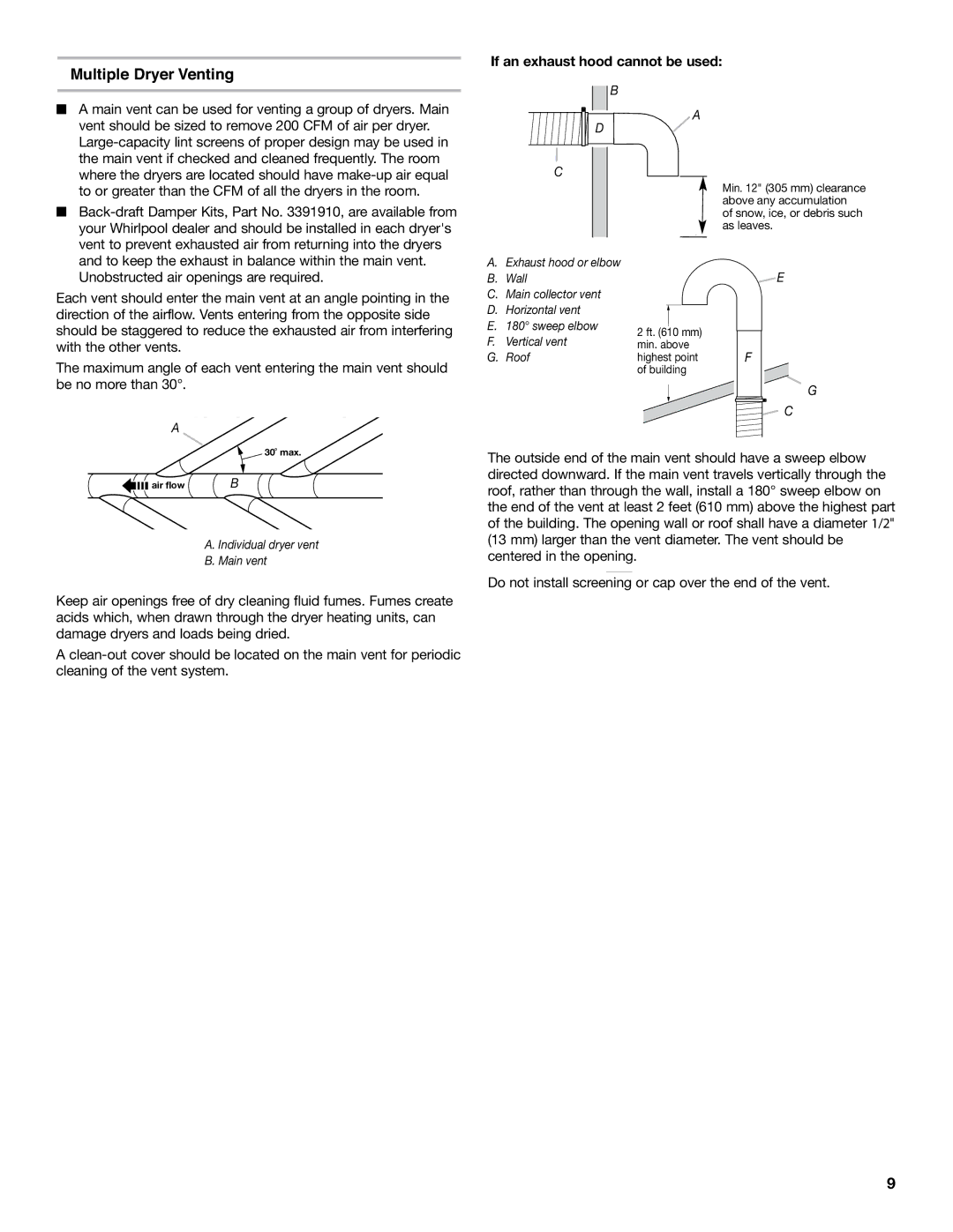 Whirlpool 8577213C installation instructions Multiple Dryer Venting, If an exhaust hood cannot be used 