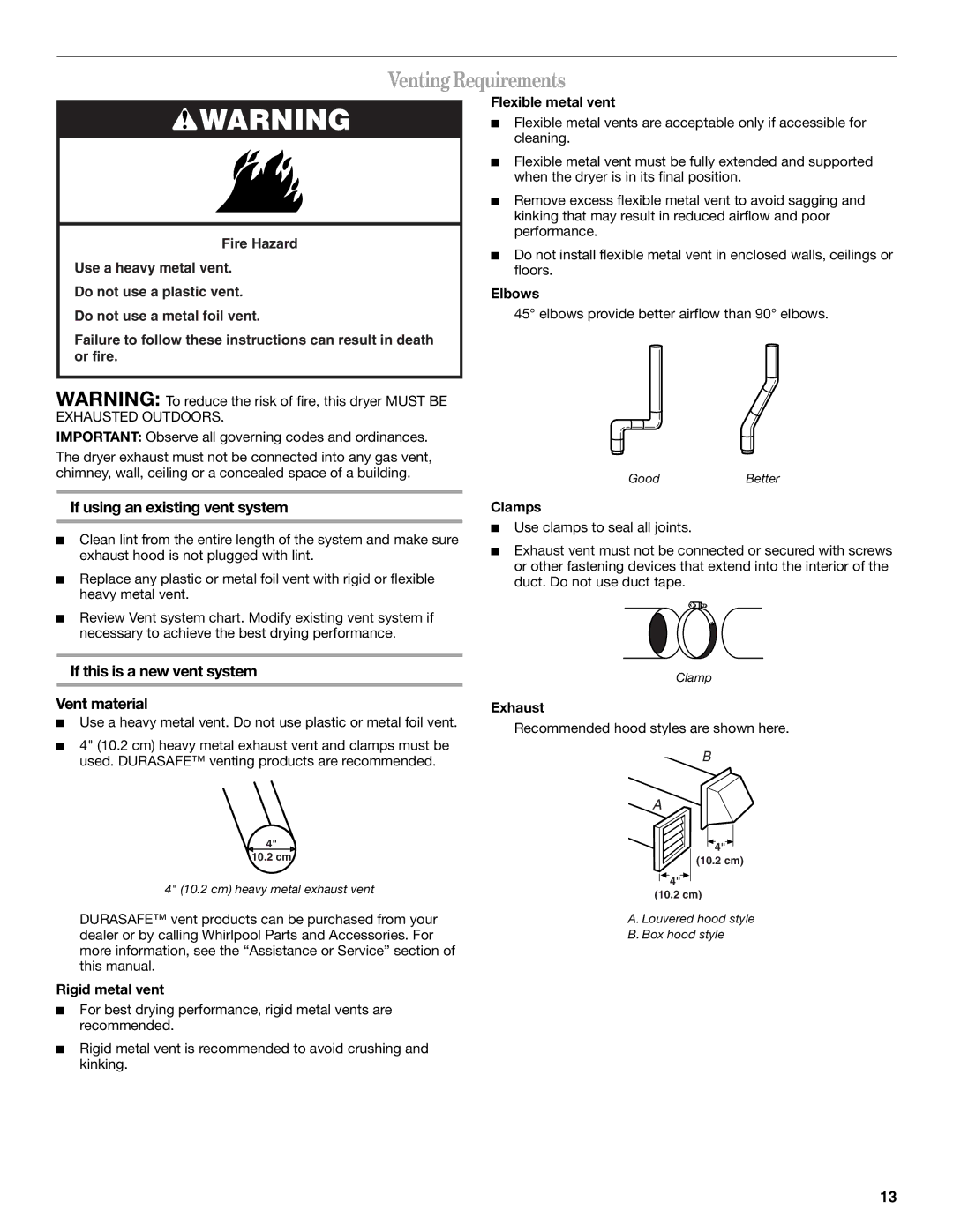 Whirlpool 8578185 manual Venting Requirements, If using an existing vent system, If this is a new vent system Vent material 