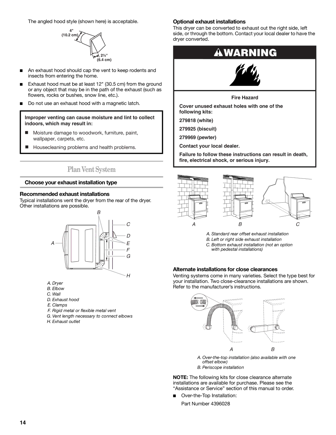 Whirlpool 8578185 manual Plan Vent System, Optional exhaust installations, Alternate installations for close clearances 