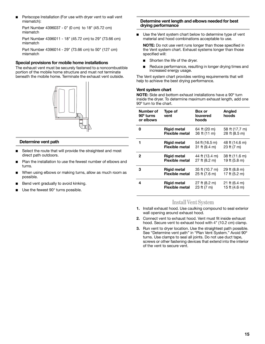 Whirlpool 8578185 manual Install Vent System, Special provisions for mobile home installations, Determine vent path 