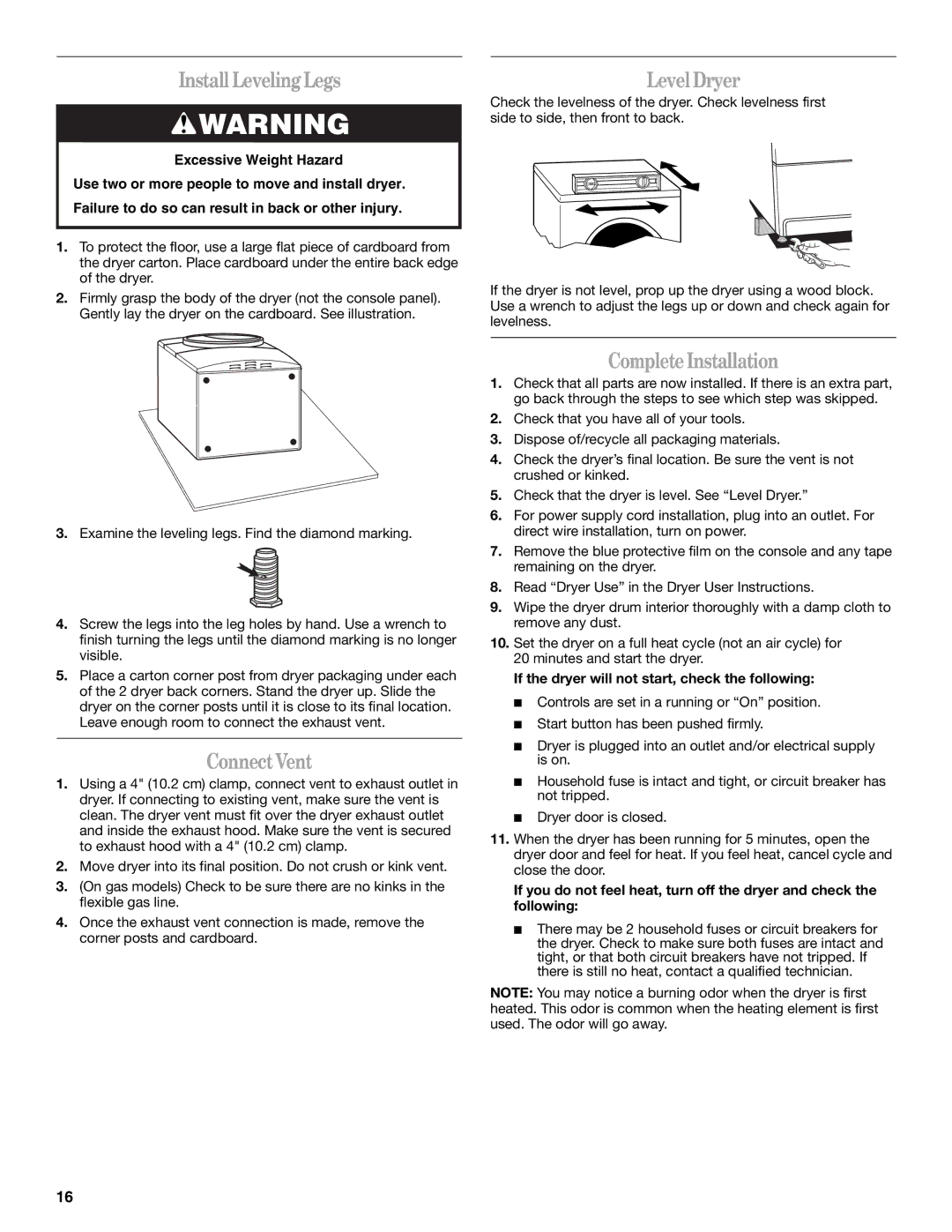 Whirlpool 8578185 manual Install Leveling Legs, Level Dryer, Connect Vent, Complete Installation 