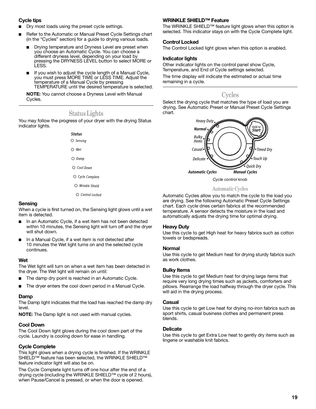 Whirlpool 8578185 manual Status Lights, Cycles 