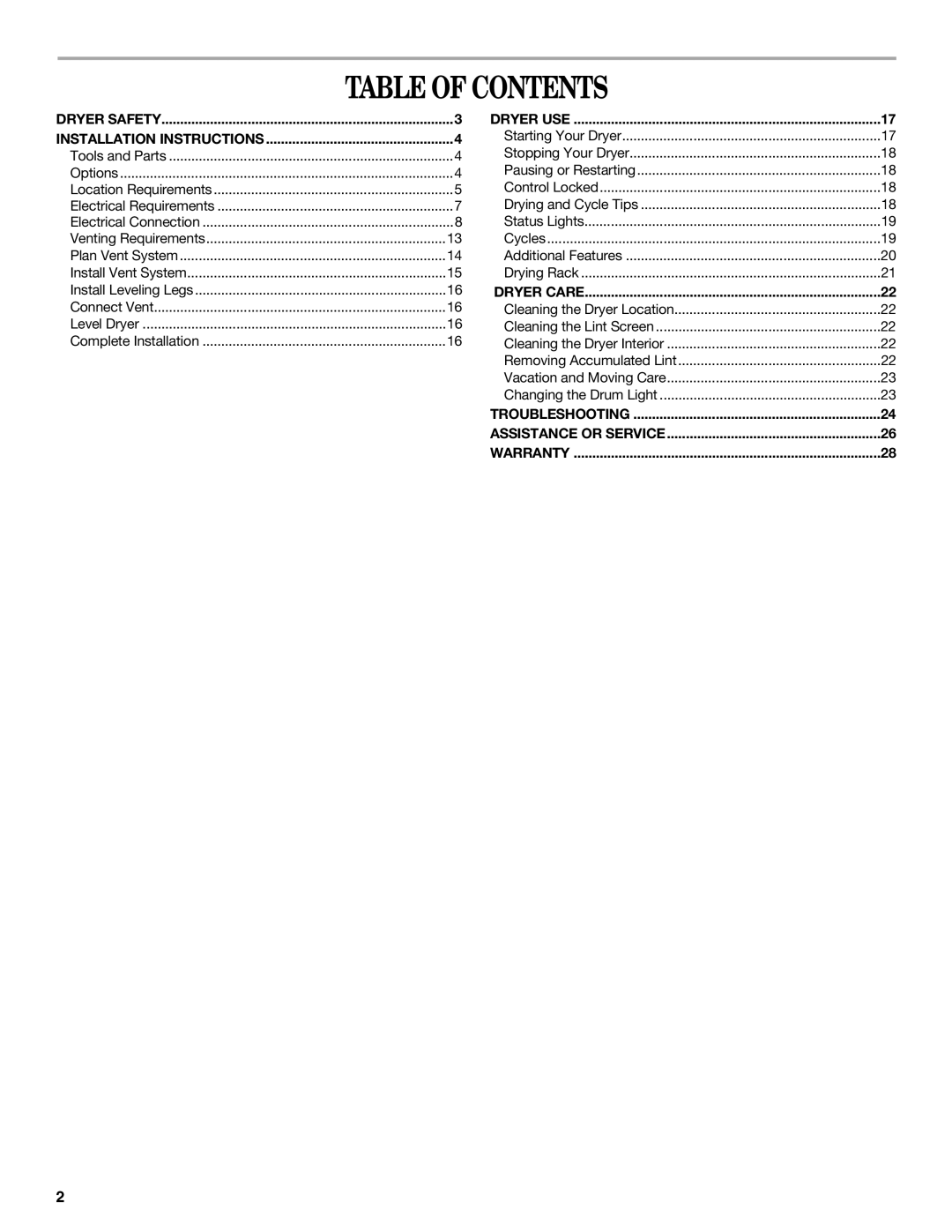 Whirlpool 8578185 manual Table of Contents 