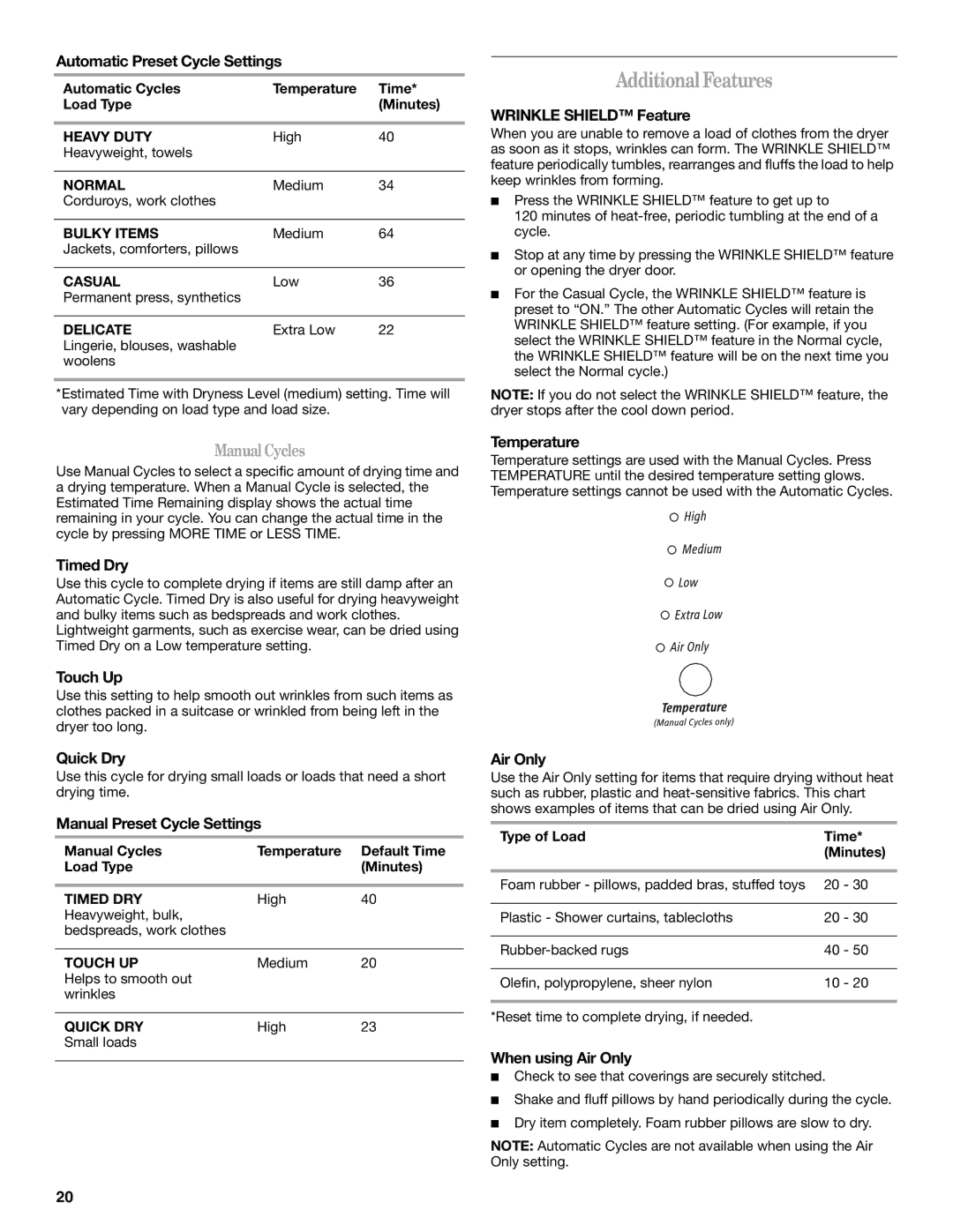 Whirlpool 8578185 manual Additional Features 