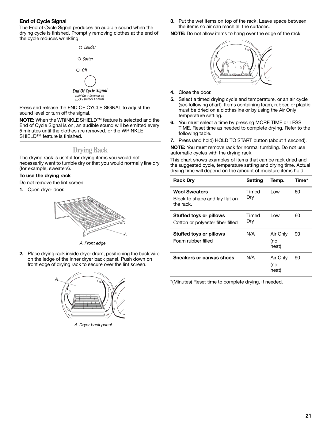 Whirlpool 8578185 manual Drying Rack, End of Cycle Signal 