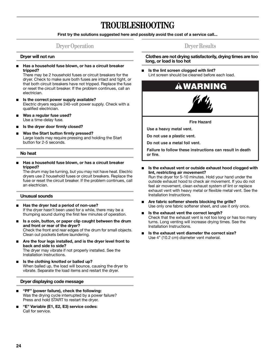 Whirlpool 8578185 manual Troubleshooting, Dryer Operation 