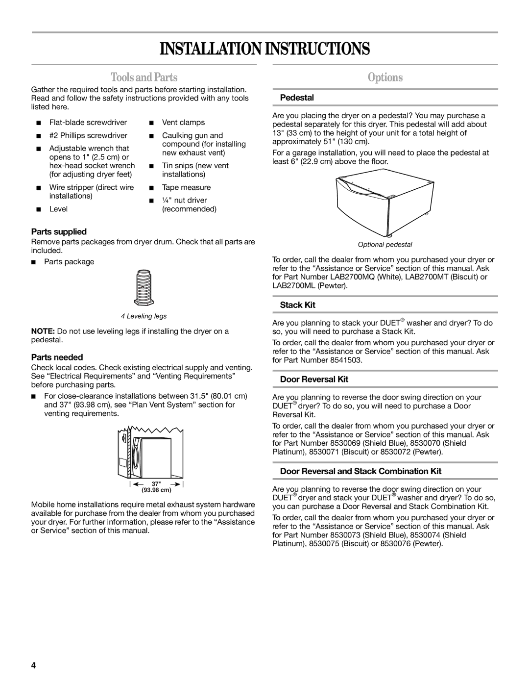 Whirlpool 8578185 manual Installation Instructions, Tools and Parts, Options 