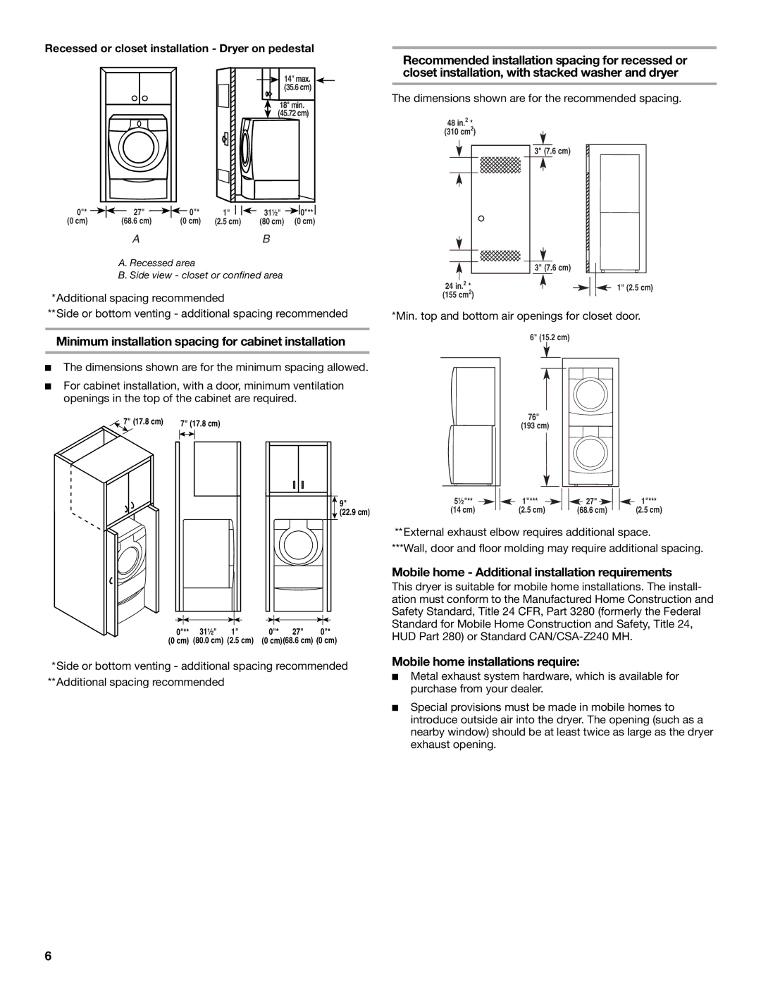 Whirlpool 8578185 Minimum installation spacing for cabinet installation, Mobile home Additional installation requirements 