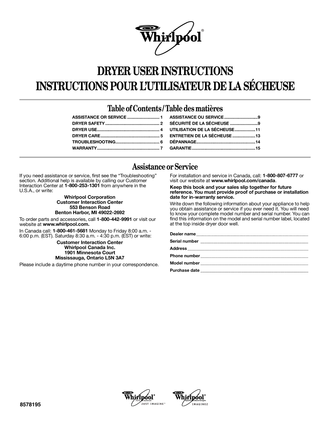 Whirlpool 8578195 warranty Dryer User Instructions, Instructions Pour L’UTILISATEUR DE LA Sécheuse 