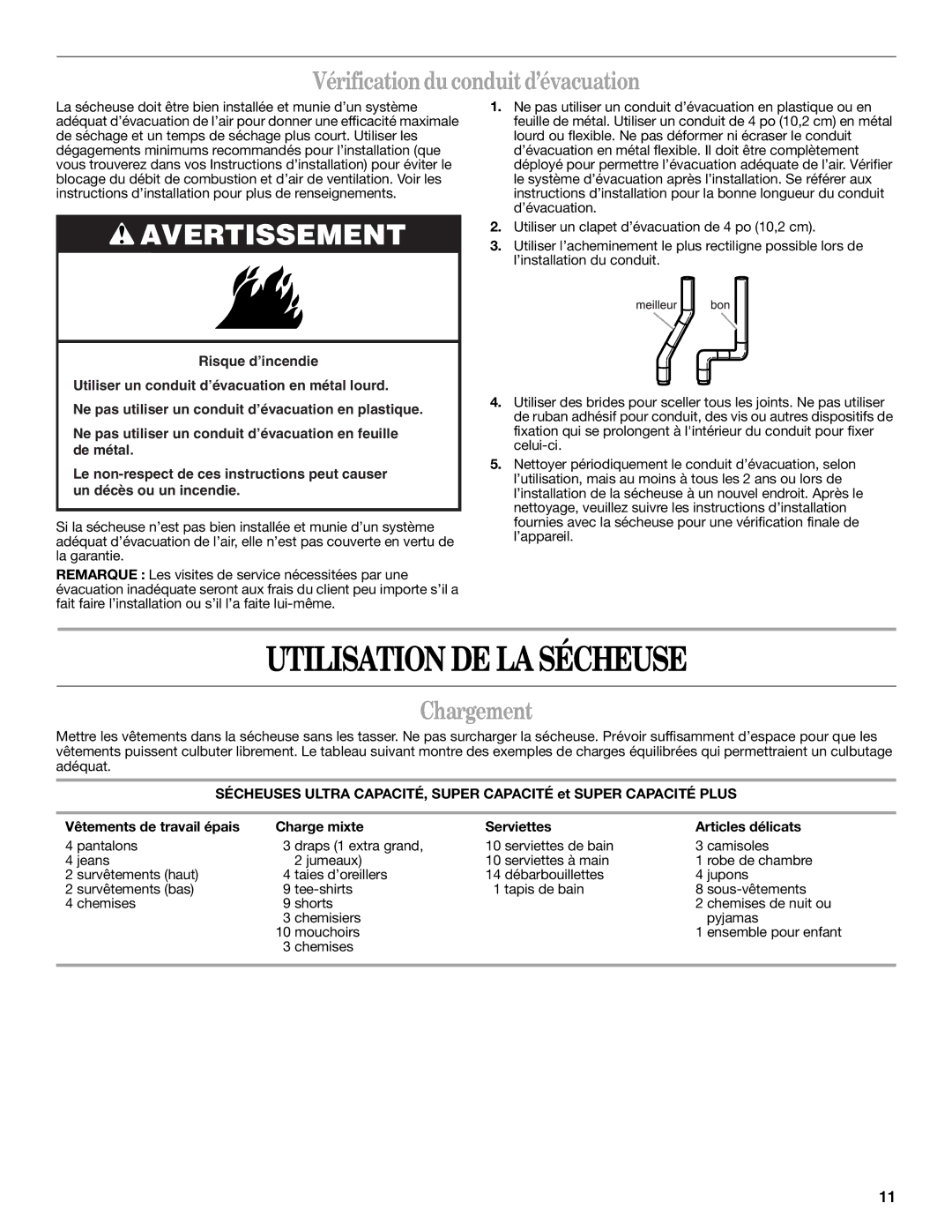 Whirlpool 8578195 warranty Utilisation DE LA Sécheuse, Vérification du conduit d’évacuation, Chargement 