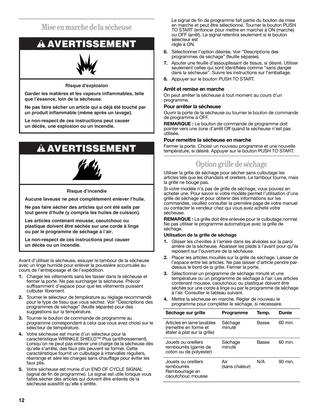 Whirlpool 8578195 warranty Mise en marche de la sécheuse, Option grille de séchage, Utilisation de la grille de séchage 