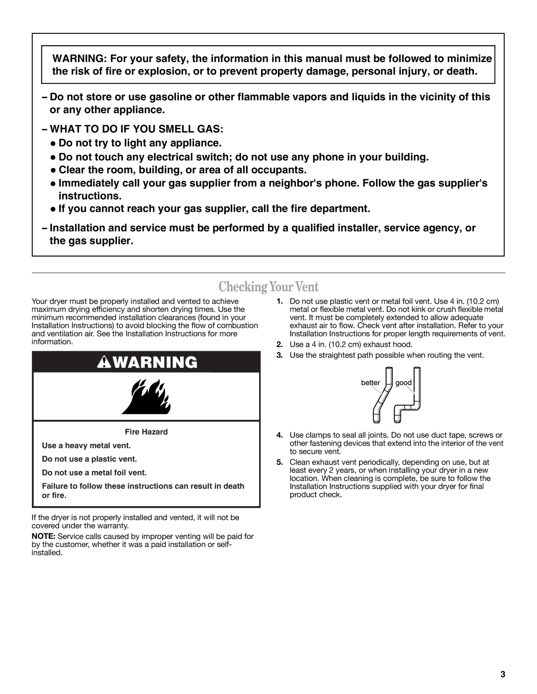 Whirlpool 8578195 warranty Checking Your Vent, What to do if YOU Smell GAS 