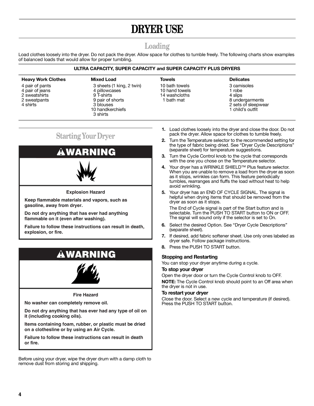 Whirlpool 8578195 warranty Dryer USE, Loading, Starting Your Dryer 