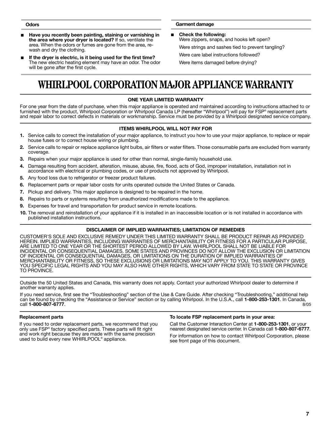 Whirlpool 8578195 warranty Call Replacement parts, To locate FSP replacement parts in your area 