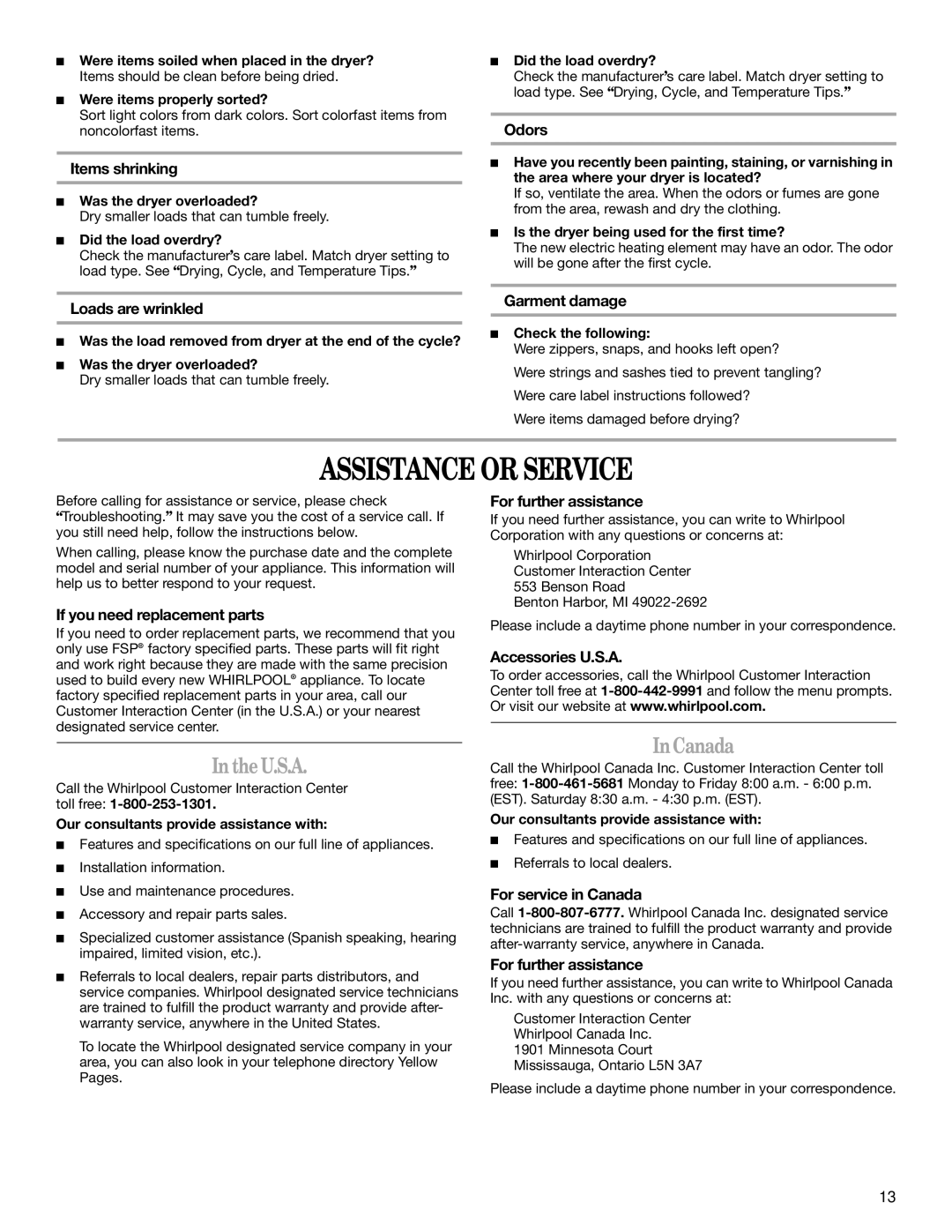 Whirlpool 8578198 manual Assistance or Service, U.S.A, Canada 