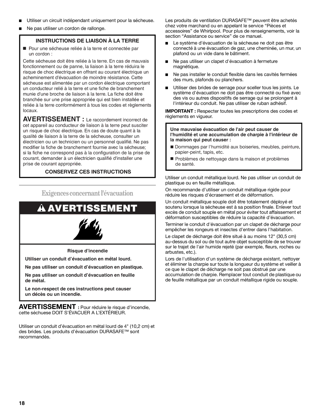 Whirlpool 8578198 manual Exigences concernant lévacuation, Instructions DE Liaison À LA Terre 