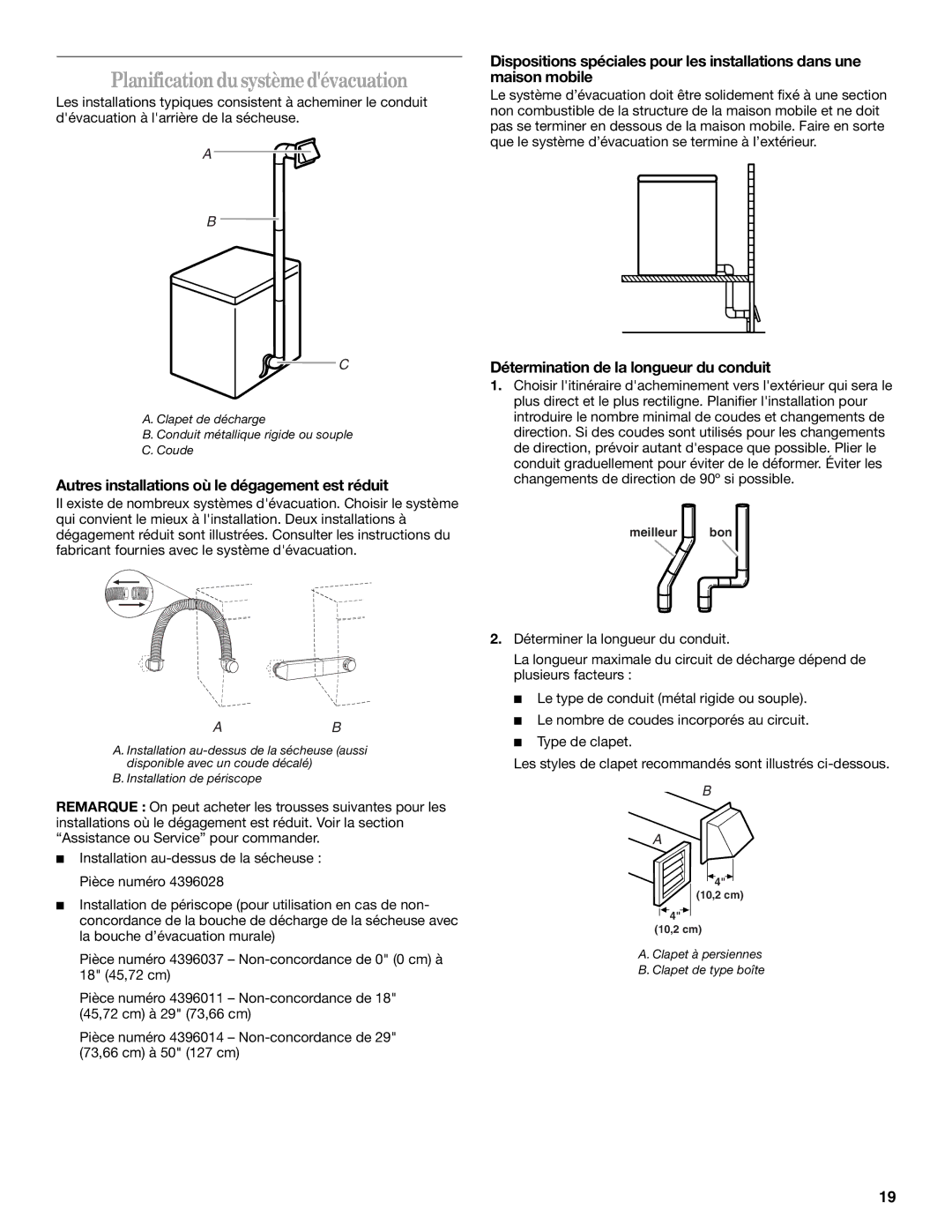 Whirlpool 8578198 manual Planification du système dévacuation, Autres installations où le dégagement est réduit 