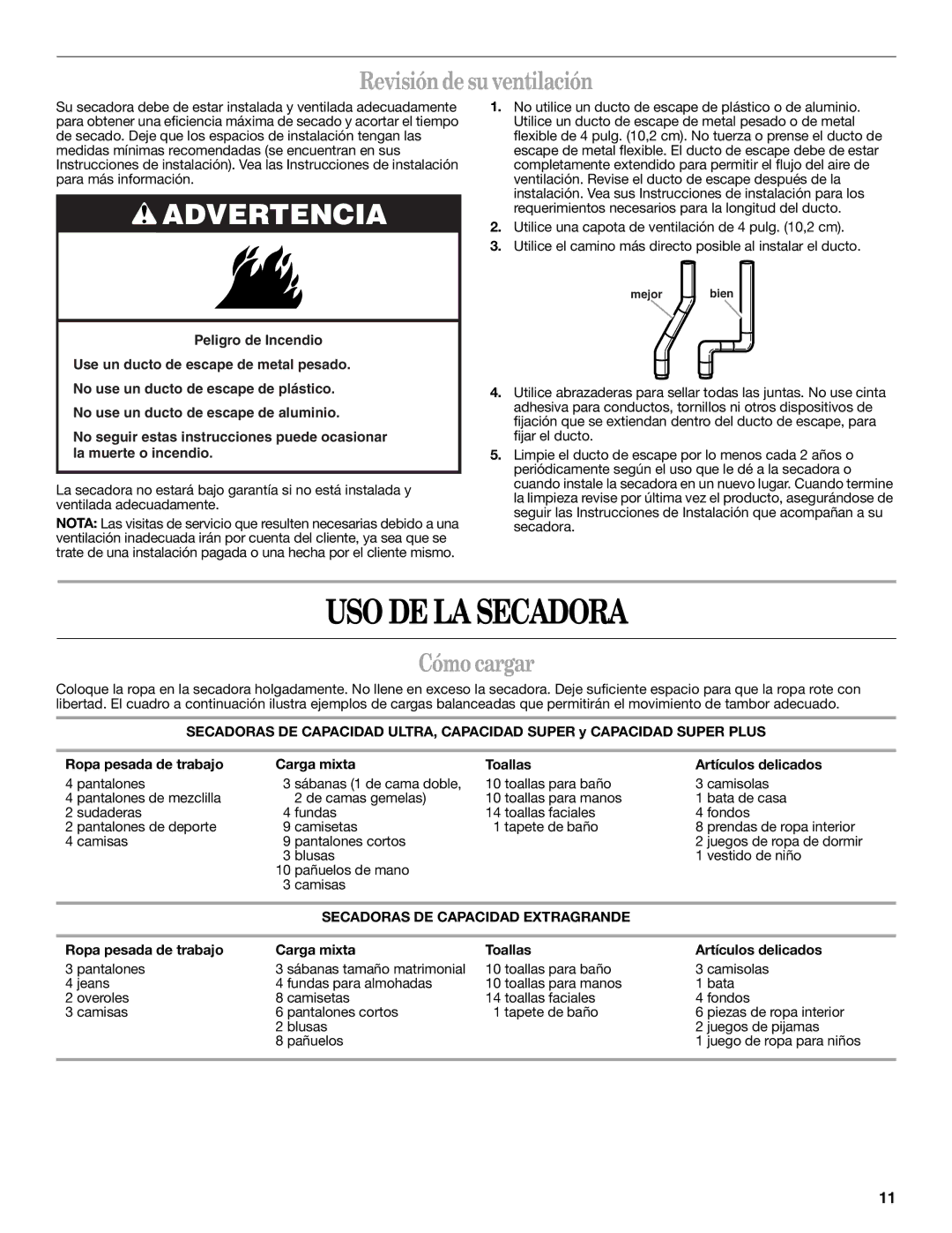 Whirlpool 8578370 warranty USO DE LA Secadora, Revisión de su ventilación, Cómo cargar, Secadoras DE Capacidad Extragrande 