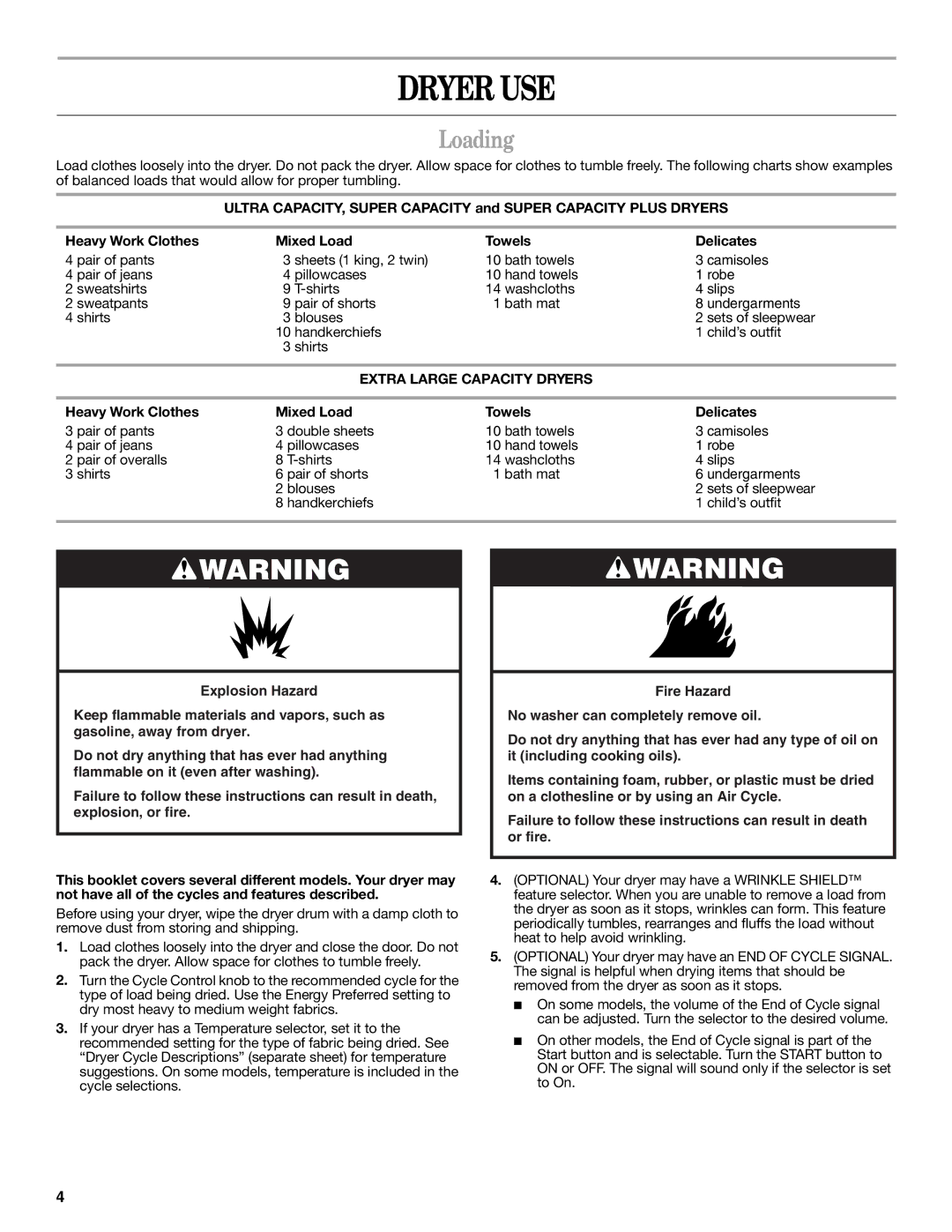 Whirlpool 8578370 warranty Dryer USE, Loading, Extra Large Capacity Dryers, Heavy Work Clothes Mixed Load Towels Delicates 