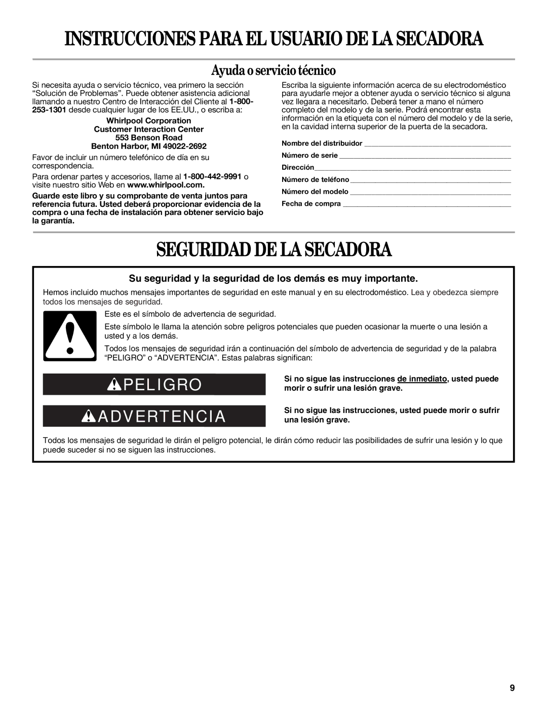 Whirlpool 8578370 warranty Seguridad DE LA Secadora, Ayuda o servicio técnico 