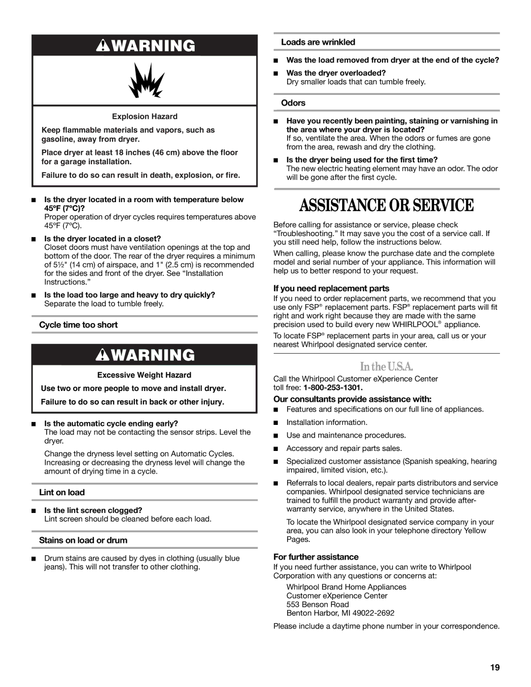 Whirlpool 8578567 manual Assistance or Service, U.S.A 