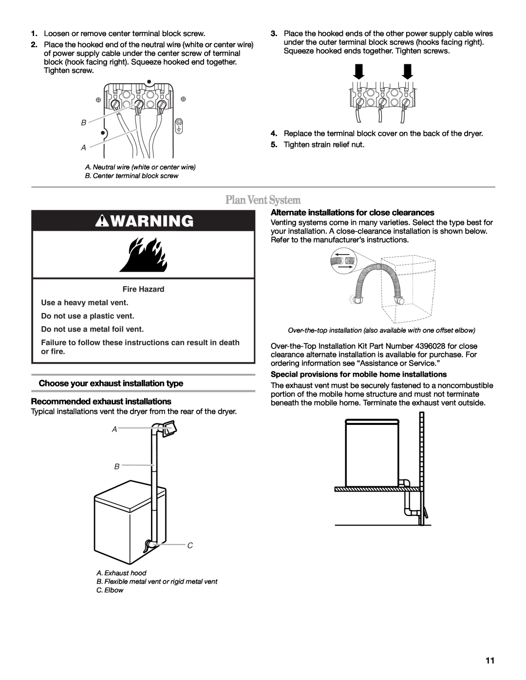 Whirlpool 8578567 manual Plan Vent System, Choose your exhaust installation type, Recommended exhaust installations, A B C 