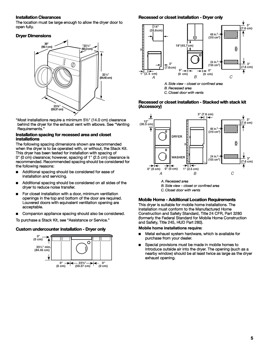 Whirlpool 8578567 manual Installation Clearances, Recessed or closet installation - Dryer only, Dryer Dimensions 