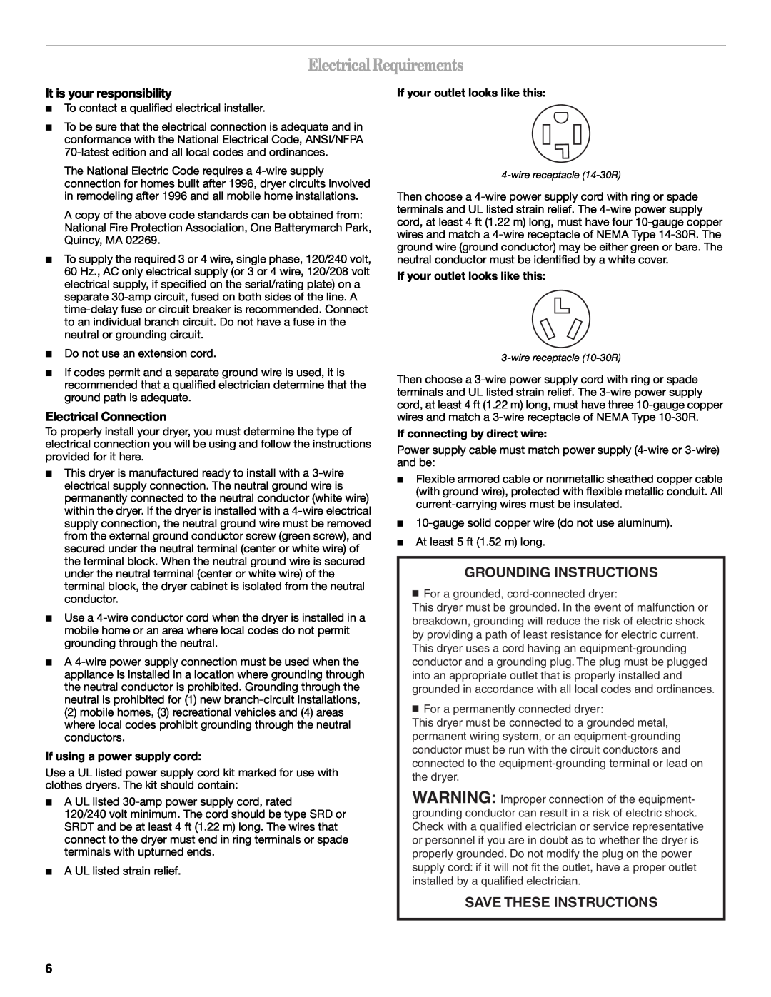 Whirlpool 8578567 Electrical Requirements, It is your responsibility, Electrical Connection, If using a power supply cord 