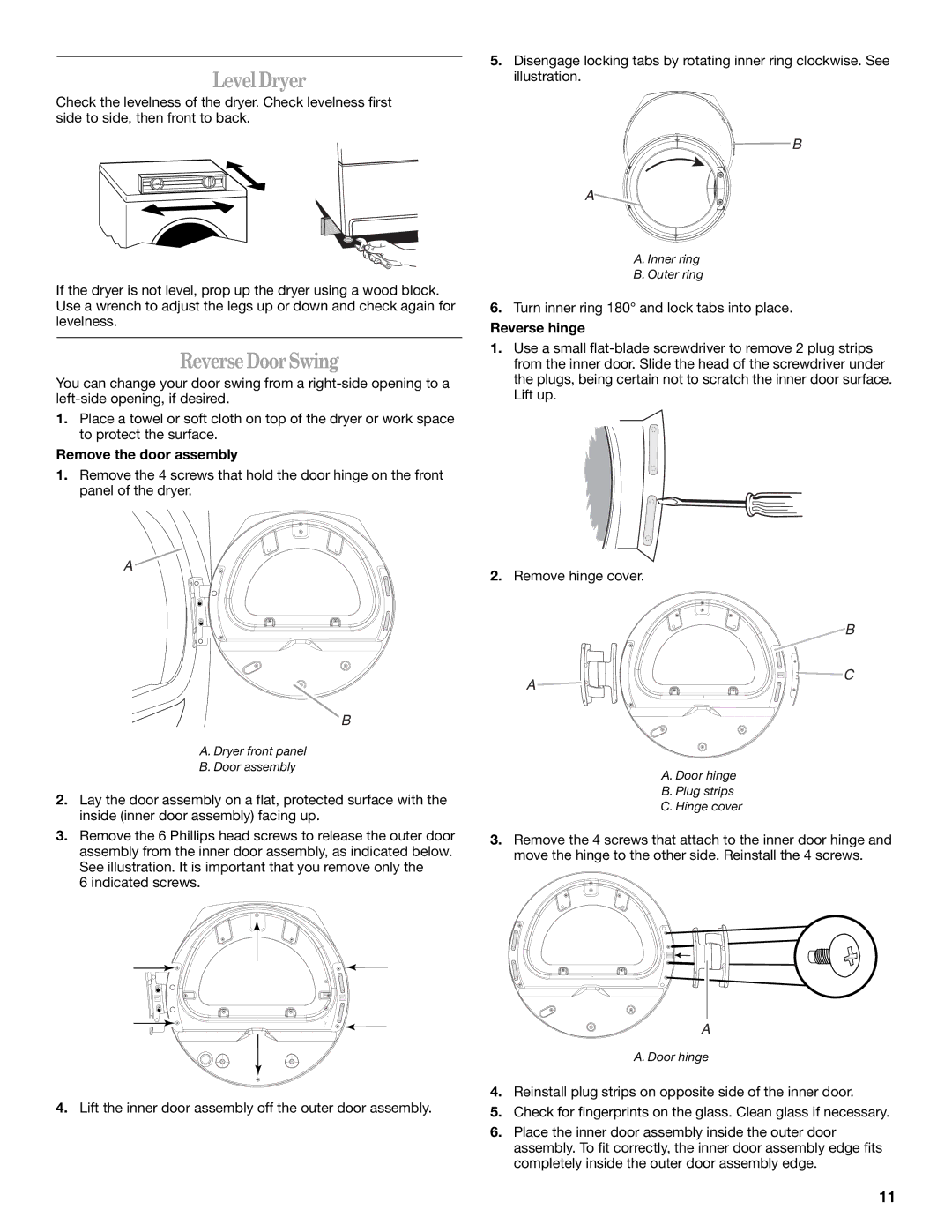 Whirlpool 8578901 LevelDryer, ReverseDoorSwing, Remove the door assembly, Turn inner ring 180 and lock tabs into place 