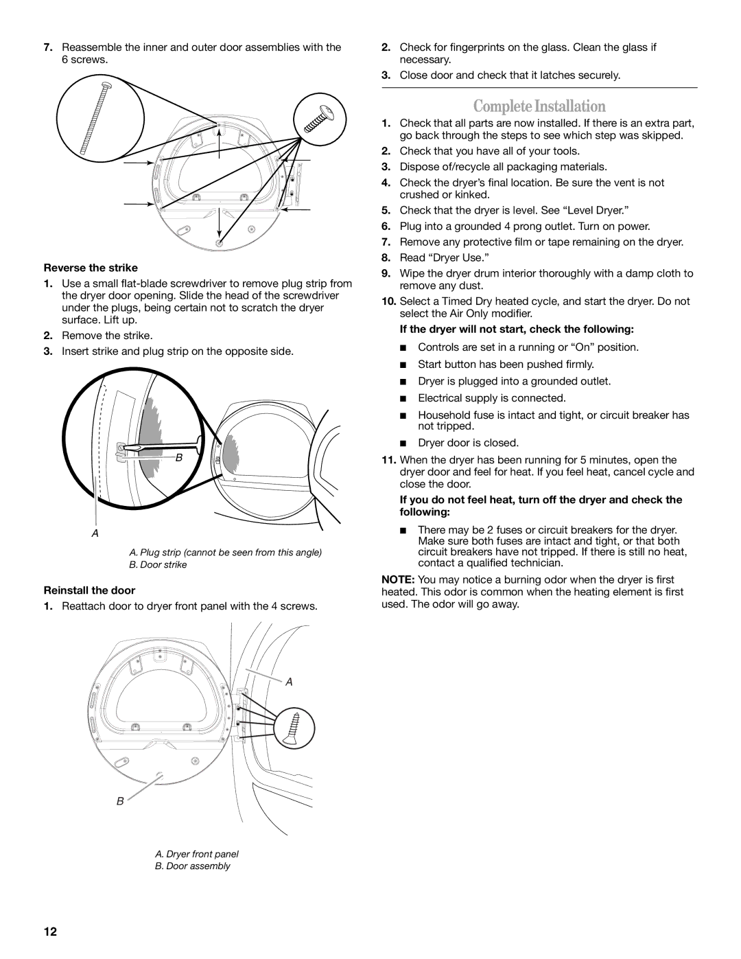 Whirlpool 8578901 manual CompleteInstallation, Reverse the strike, Reinstall the door 