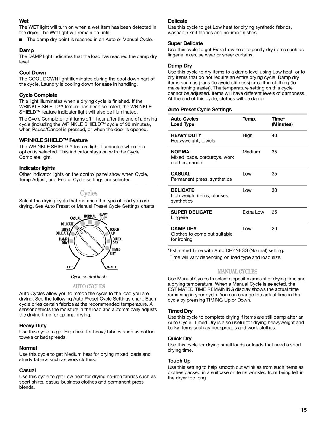 Whirlpool 8578901 manual Cycles 