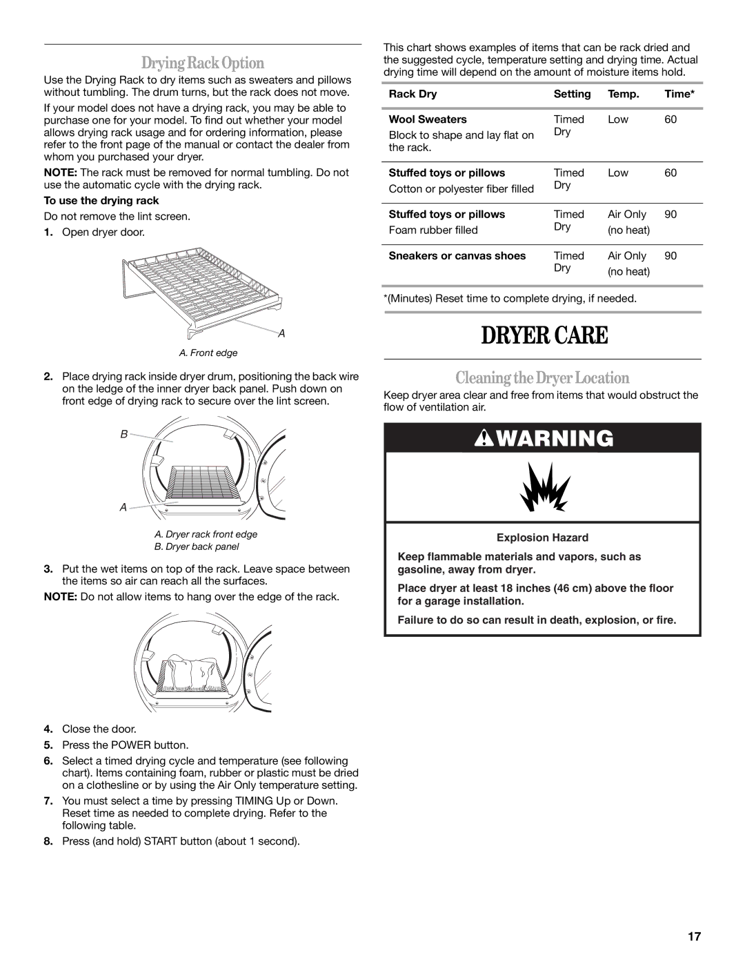 Whirlpool 8578901 manual Dryer Care, DryingRackOption, CleaningtheDryerLocation 