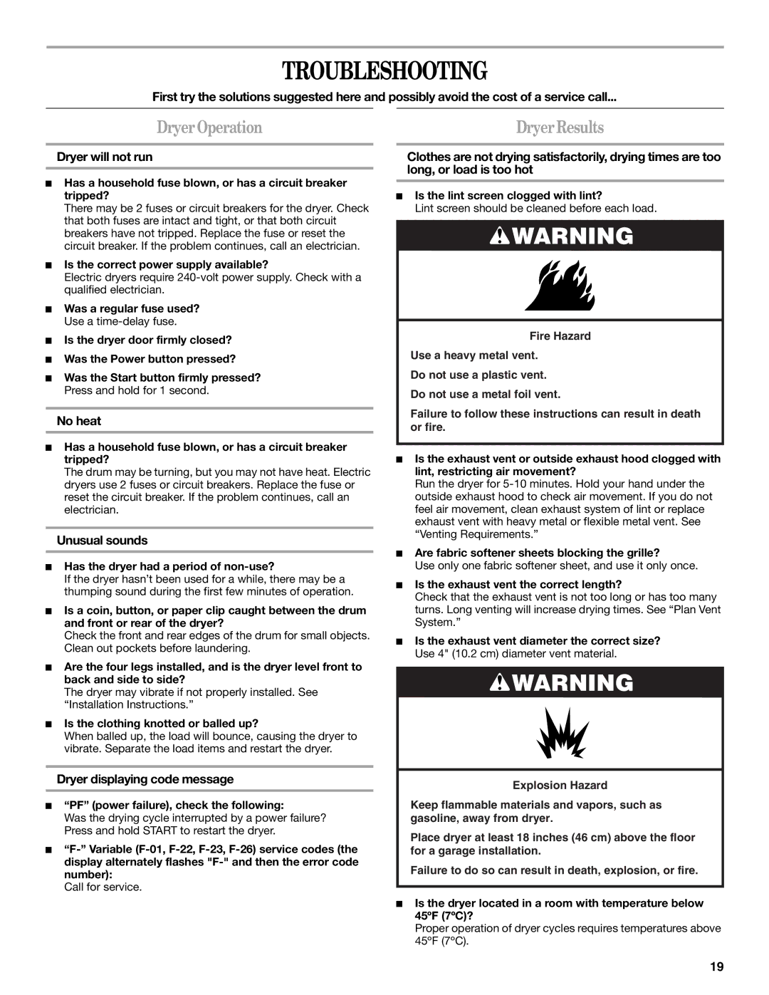 Whirlpool 8578901 manual Troubleshooting, DryerOperation 