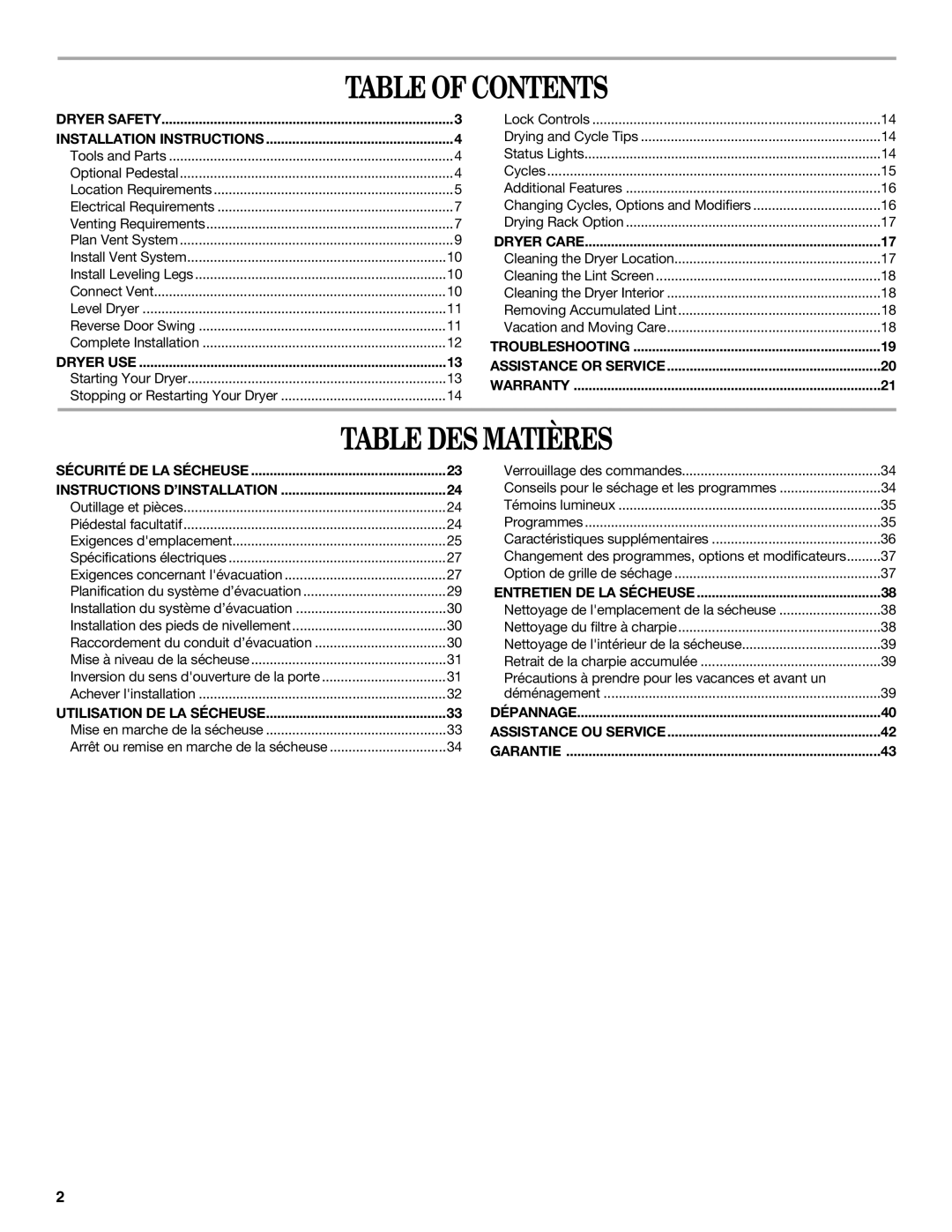 Whirlpool 8578901 manual Table of Contents, Table DES Matières 