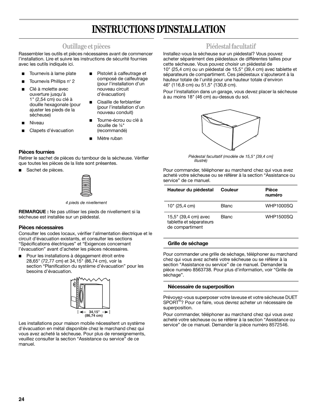 Whirlpool 8578901 manual Instructions D’INSTALLATION, Outillageetpièces, Piédestal facultatif 