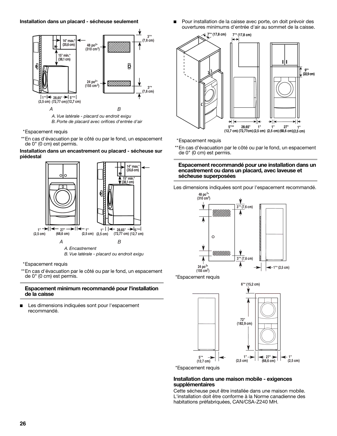 Whirlpool 8578901 manual Installation dans un placard sécheuse seulement, Espacement requis 