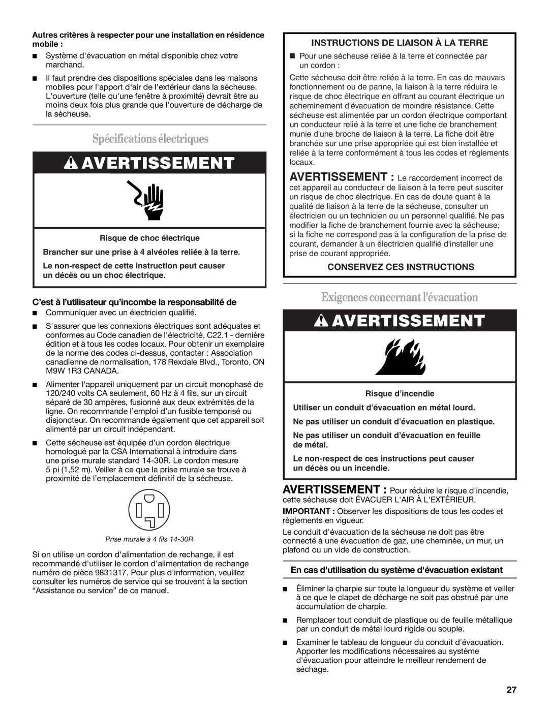 Whirlpool 8578901 manual Spécificationsélectriques, Exigencesconcernantlévacuation 