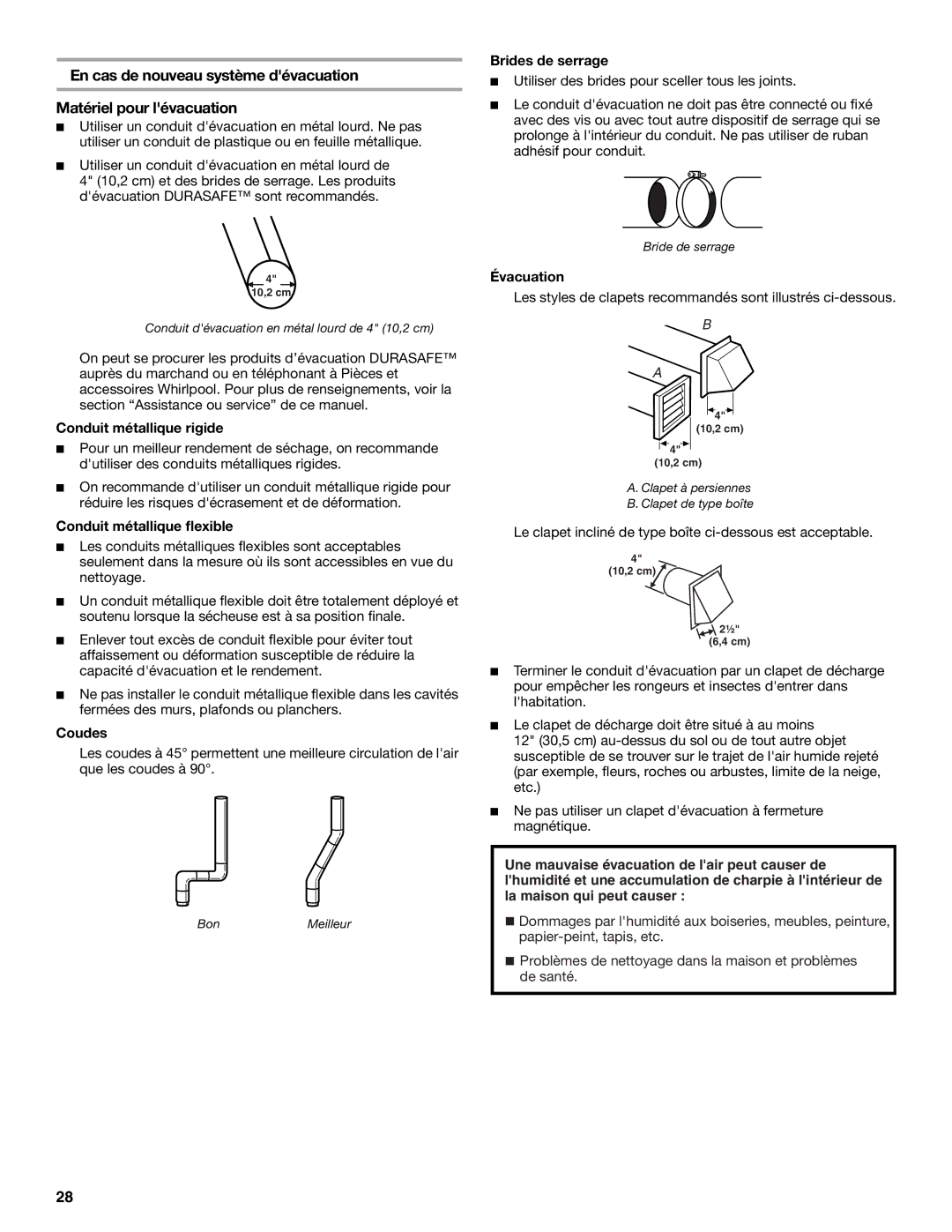 Whirlpool 8578901 manual Conduit métallique rigide, Conduit métallique flexible, Coudes, Brides de serrage, Évacuation 