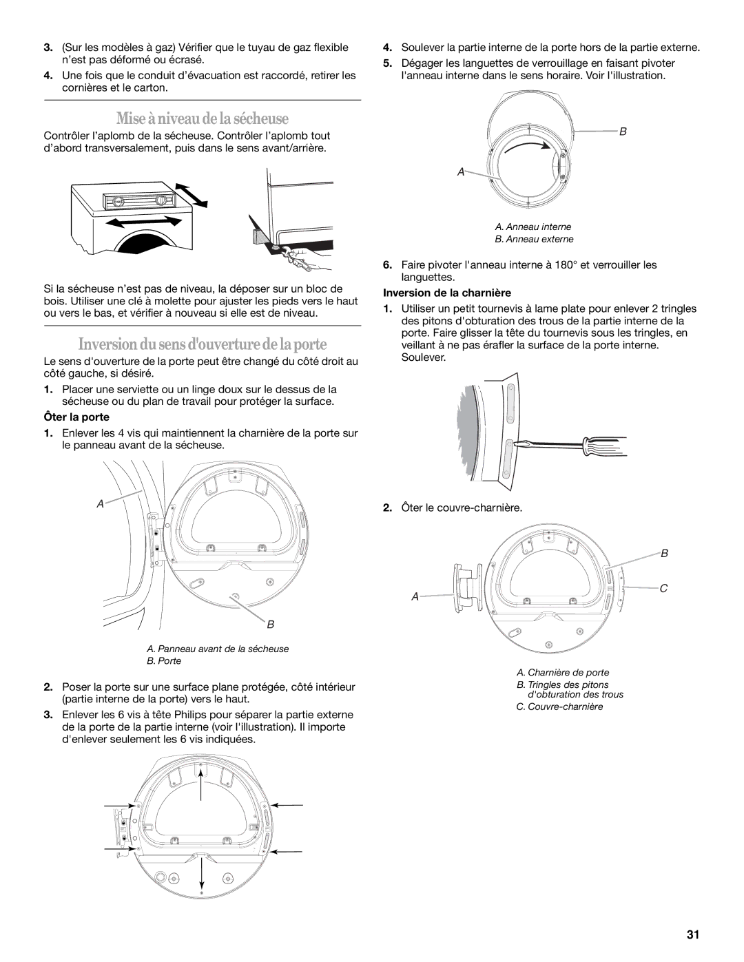 Whirlpool 8578901 Miseàniveaudela sécheuse, Inversion dusens douverturedelaporte, Ôter la porte, Inversion de la charnière 