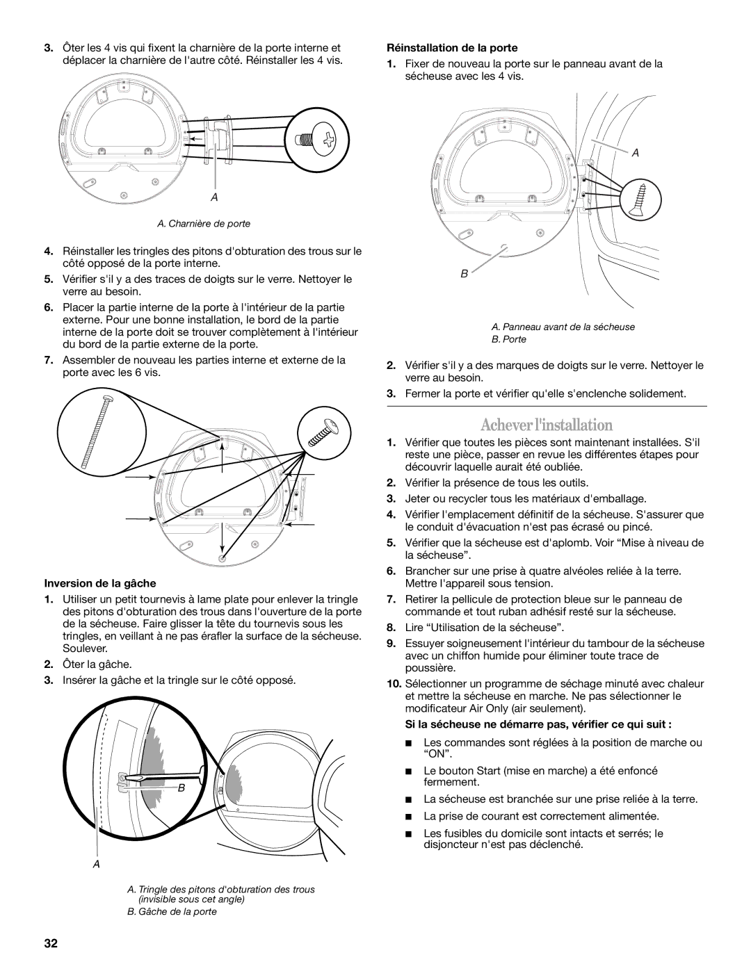 Whirlpool 8578901 manual Acheverlinstallation, Réinstallation de la porte, Inversion de la gâche 