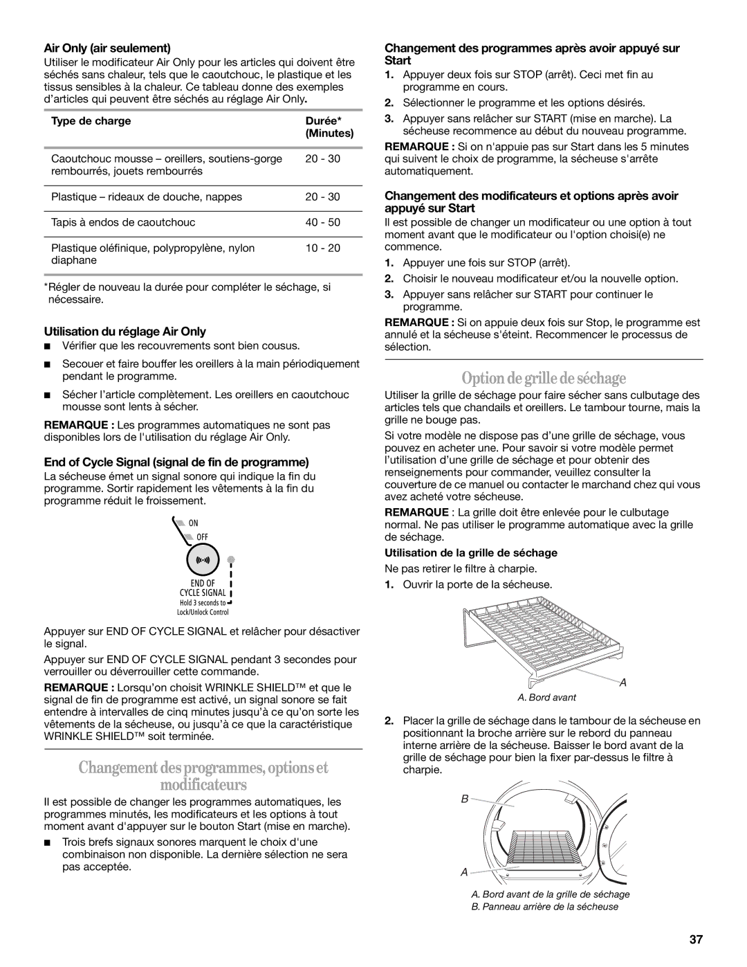 Whirlpool 8578901 manual Changementdesprogrammes,optionset Modificateurs, Option degrilledeséchage 