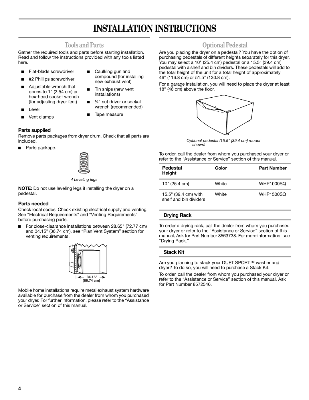 Whirlpool 8578901 manual Installation Instructions, ToolsandParts, OptionalPedestal 