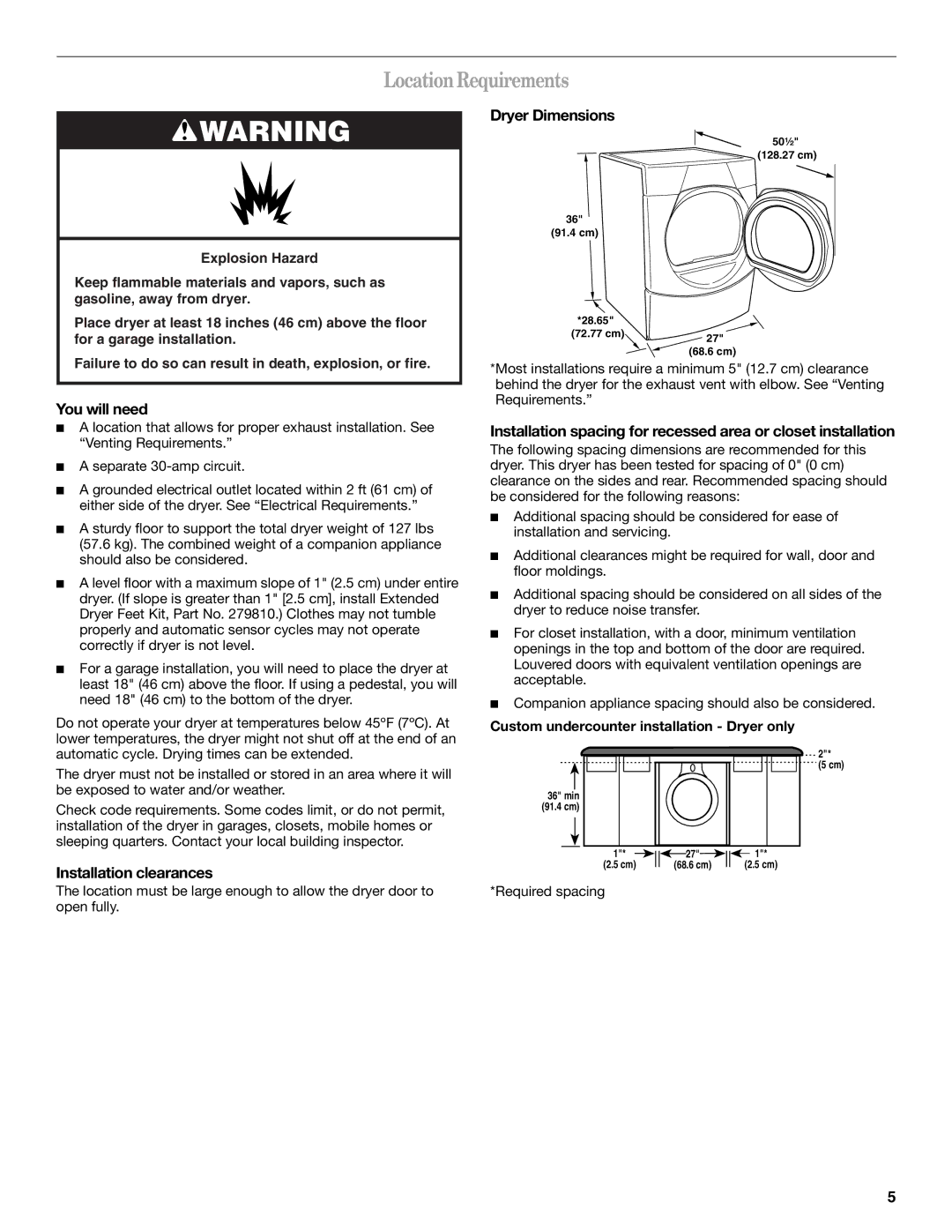 Whirlpool 8578901 manual Location Requirements, Dryer Dimensions, You will need, Installation clearances 