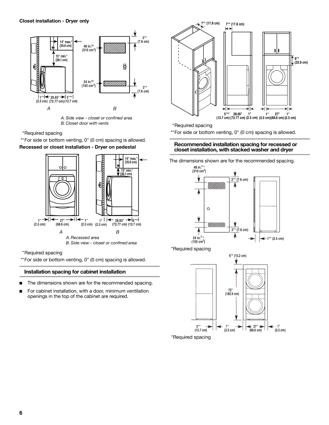 Whirlpool 8578901 manual Installation spacing for cabinet installation, Closet installation Dryer only 