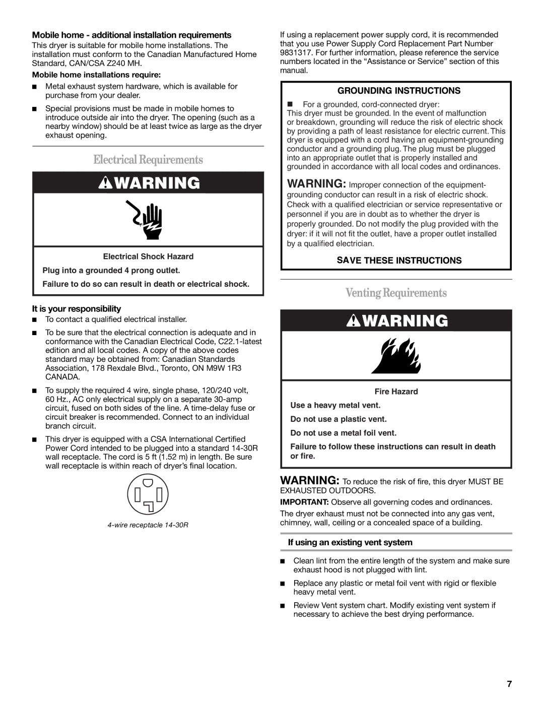 Whirlpool 8578901 manual Electrical Requirements, VentingRequirements, Mobile home additional installation requirements 