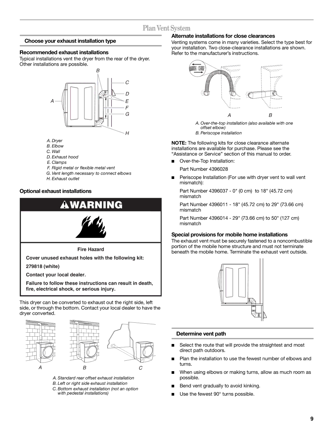 Whirlpool 8578901 manual Plan VentSystem, Optional exhaust installations, Alternate installations for close clearances 